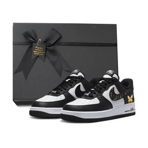 Nike Кроссовки Air Force 1 Panda Gilded Butterfly, черные, белые, противоскользящие, износостойкие, низкие, для скейтборда, унисекс, черные, золотые