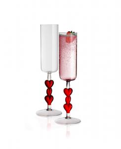 Набор из 2 бокалов для шампанского на ножке в форме красного сердца Qualia Glass, Clear with Red