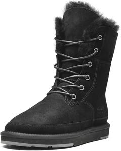 Женские зимние ботинки AU&MU Aumu с овчиной, кожаные, классические, на шнуровке, средней высоты, с плоской подошвой и мехом, Black