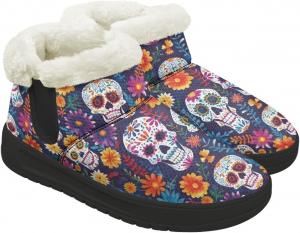 Ботинки на зиму для женщин с меховой подкладкой до щиколотки, теплые зимние обувь для прогулок на улице, модные наряды Fuojuvelie, Halloween Skull