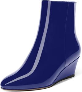 Женские повседневные ботинки MOVINSTEPS с молнией, однотонные, с закругленным носком, лакированные, на клиновидном низком каблуке, высокие до щиколотки, 5 см, Royal Blue