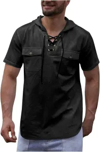 Мужская толстовка с капюшоном из льна и хлопка, короткий рукав, карман tuduoms