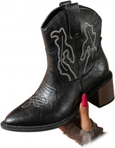 Женские ковбойские сапоги с подошвой на низком скошенном каблуке, заостренным носком, грубым невысоким каблуком, вышивкой, классической короткой длины ZJWBB, Black