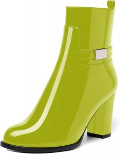 Женские ботинки AMBELIGHT с лакированной застежкой-молнией, повседневные, с круглым носком, на массивном высоком каблуке, ботильоны, 8,4 см, Yellow Green