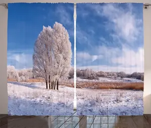 Штора ABAKUHAUS Natural Rustic, Зимний снежный пейзаж, для спальни, присборенная тесьма с петлями и крючками, 280 x 175 см, цвет авокадо-зеленый, бирюзовый Abakuhaus