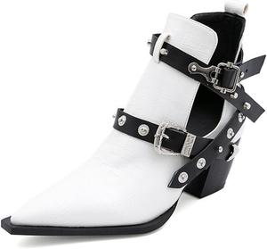 Женские модные ботильоны Aflngle с заостренным носком, вырезами, короткие черевики Челси на среднем массивном каблуке, с низким каблуком, на молнии, с заклепками в стиле вестерн, White
