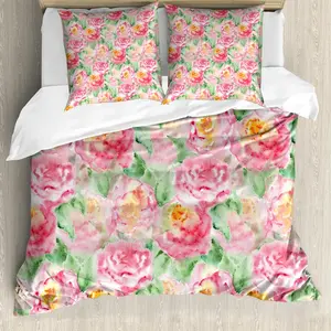 Пододеяльник ABAKUHAUS с акварельным цветочным рисунком, мягкий, с защитой от клещей, подходит для аллергиков, с наволочками, 155 см x 220 см - 80 x 80 см, розово-зеленый Abakuhaus