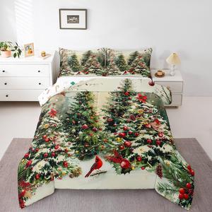 Erosebridal Комплект постельного белья с новогодним принтом в красно-зеленой гамме с изображением елей, колокольчиков и птиц, Green Red White