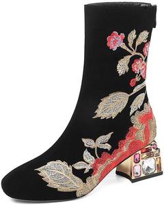 Женские ботильоны TinaCus ручной работы из замши с этнической цветочной вышивкой, круглым носком, средним массивным каблуком с кристаллами и задней молнией, Black
