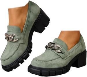 Женские массивные лоферы на платформе с цепочкой, повседневные деловые рабочие туфли, удобные, легко надеваются, винтажные оксфорды с круглым носком Generic, Green