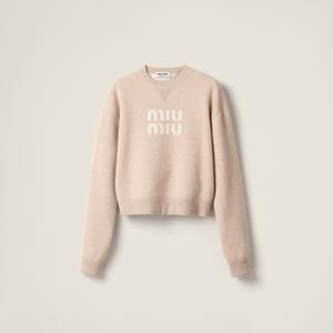 Джемпер из двойного кашемира с логотипом MIU MIU, бежевый