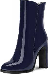 Женские офисные ботинки ROSERWISH на молнии, с классическим округлым носком, лакированной отделкой, высокими блочными каблуками и средним голенищем, 4 дюйма