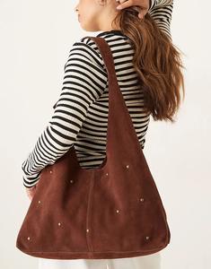 Сумка через плечо Barneys Originals из натуральной замши коричневого цвета с коричневыми заклепками