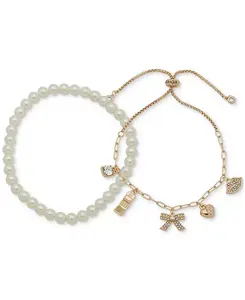 Комплект из двух браслетов-слайдеров с подвесками из кристаллов и бусинами из искусственного жемчуга золотистого оттенка Clueless, silver