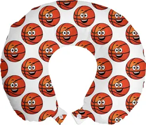 Подушка для шеи "Баскетбол" ABAKUHAUS, веселые шары-смайлики, дорожный аксессуар из пеноматериала для самолета и автомобиля, 30 x 30 см, цвет: оранжевый, черный, белый Abakuhaus