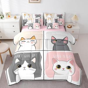 Erosebridal Комплект постельного белья Girls Kawaii Cat с милыми котиками, мультяшный принт для девочек и подростков, Pink Grey