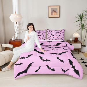 Erosebridal Готический комплект постельного белья с летучими мышами, хэллоуинская тематика, черный силуэт летучих мышей, розовый готический декор, Black and Pink
