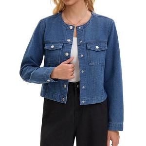 Женская укороченная джинсовая куртка без воротника в стиле вестерн Inspire Chic, Blue