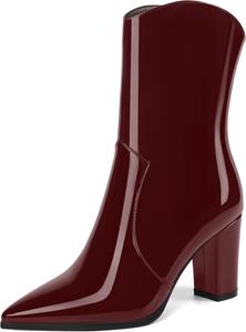 Женские ботильоны MOVINSTEPS в ковбойском стиле с закрытым носком, модные, с боковой молнией, из лакированной кожи, массивный высокий каблук, средняя голень, каблук 3,3 дюйма, Burgundy