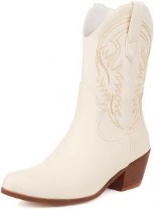 Женские классические ковбойские сапоги MRKEWUNEY с заостренным носком, белые ковбойские сапоги, низкий каблук, западные ботильоны