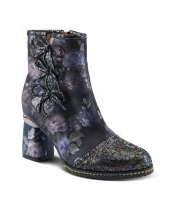 Женские кожаные ботильоны Carre с цветочным принтом, металлизированным мыском, декоративными лентами, радужной строчкой и обтянутым принтом каблуком L'Artiste, Black multi