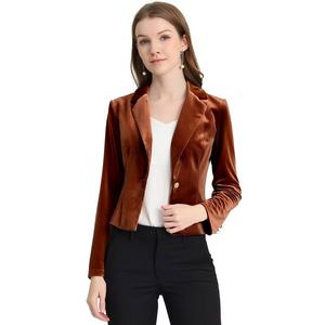 Бархатный пиджак с принтом для женщин, 1 пуговица, деловые офисные укороченные пиджаки с металлическими звездами, костюмы ALLEGRA K, коричневый
