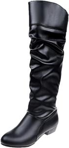 Женские сапоги до колена 941 на танкетке с низким каблуком, ренессанс, удобные повседневные, осенние, с мягким складчатым верхом, модные, из искусственной кожи, на плоской подошве, высокие, для верховой езды, ботильоны, обувь для платьев Toumov, A1