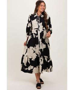 Платье-рубашка для беременных, черное, с цветочным принтом и зауженной талией Pinkblush, Black