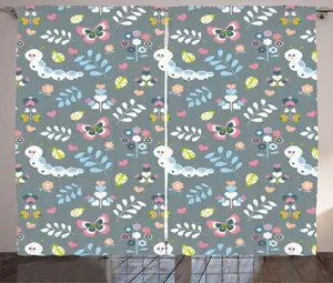 Штора для детского сада ABAKUHAUS в деревенском стиле, с детским мотивом Черви, универсальная тесьма для гостиной с петлями и крючками, 280 x 225 см, серый, разноцветный Abakuhaus
