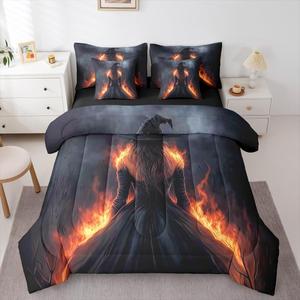 Erosebridal Комплект постельного белья Happy Halloween с изображением ведьмы в красном огне, готический декор, 7 предметов, Grey Red