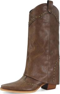 Женские сапоги с отворотом Fold Over Shark, с открытым носком, массивным каблуком, широкие по голенищу, ковбойские, с заклепками, на молнии, классические модные сапожки для вечеринки, сапожки в стиле ковбой MAIJED, Brown