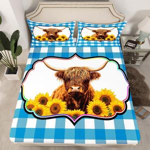 Erosebridal Комплект постельного белья Highland Cow с геометрическим клетчатым принтом в виде быков и подсолнухов, синий, Multi 4