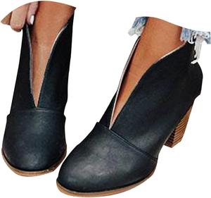 Женские ботильоны с вырезом V 2025, женские короткие замшевые ботинки с острым носком, задняя молния, миндалевидный носок, модные ботильоны на низком массивном каблуке, удобные повседневные западные ботинки для осени и зимы Generic, Black