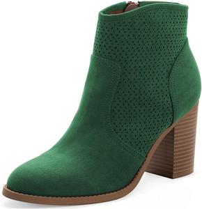 Женские стильные ботильоны YDN с заостренным носком, массивным каблуком и застежкой-молнией, короткие ботинки с декоративными перфорациями, для зимы, вечеринок и офиса, Green