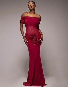 Платье макси Goddiva со сборками на плечах и сетчатой ​​вставкой на талии, винного цвета