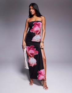 Эксклюзивное двухслойное обтягивающее сетчатое платье-бандо макси с цветочным принтом и разрезом на бедрах черного цвета от Kaiia