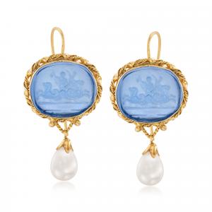 Серьги-подвески Ross-Simons с итальянским культивированным жемчугом и синим венецианским стеклом с инталией из 18-каратного золота поверх стерлингового серебра Ross-Simons, белый