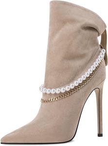 Женские ботильоны XYD с цепочками для выпускного, на высокой шпильке, с заостренным носком, оборками, без шнуровки, с жемчугом, Apricot