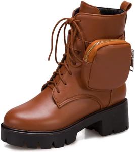 Женские ботильоны VOKLIN с круглым носком в западном стиле, на шнуровке и пряжке, с платформой, средним каблуком и короткие боевые ботинки, Brown