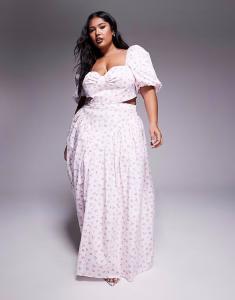 Юбка макси из хлопкового сатина ASOS LUXE Curve с мелким цветочным принтом и бантом сзади