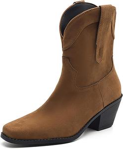 Женские замшевые ботильоны в западном стиле с массивным каблуком, модным V-образным вырезом, квадратным носком и каблуком 2,5 дюйма, для надевания, нарядные осенние ковбойские сапоги средней длины для широкой икры NENGMAON, Khaki