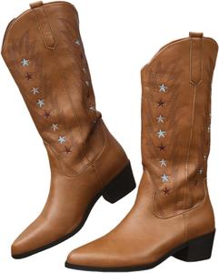 Вестерн ковбойские ботильоны для женщин, средние голени, короткие сапожки с вышивкой, округлый носок, массивный низкий каблук FOBOINED, Brown-09