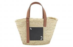 Тоторо, Коллаборация Сумка-корзинка из телячьей кожи с пальмовым листом Трампетс Женская Натуральный/Черный LOEWE