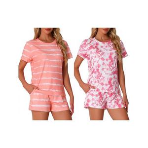 2 комплекта женской пижамы 2 предмета: топ с короткими рукавами и шорты Inspire Chic, Pink Stripe Tie Dye