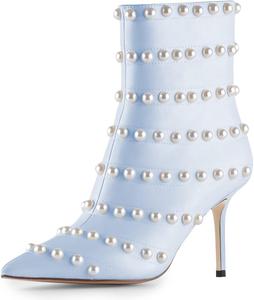 FSJ Женские модные ботильоны с заостренным носком и жемчугом, атласные элегантные туфли на шпильке с боковой молнией, высокие каблуки, короткие свадебные ботинки, размеры 4-15 US, Blue