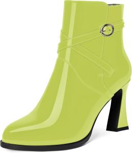 Женские ботильоны WAYDERNS с регулируемым ремешком и пряжкой, лакированные, повседневные, с круглым носком, на высоком блочном каблуке 3,3 дюйма, Yellow Green