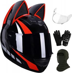 Шлем мотоциклетный YMKJGZS с кошачьими ушками, черный / красный