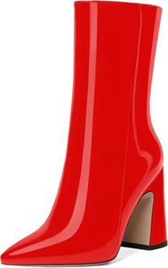 Женские модные ботильоны JUSTDANNI с молнией, для свадьбы и повседневной носки, с острым носком, лаковой отделкой, на высоком блочном каблуке, 4 дюйма, Red
