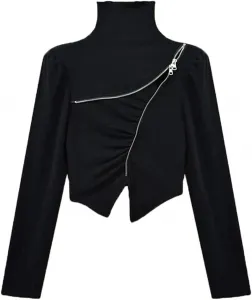 Футболка с высоким воротником для женщин, вязаная, укороченная, с молнией