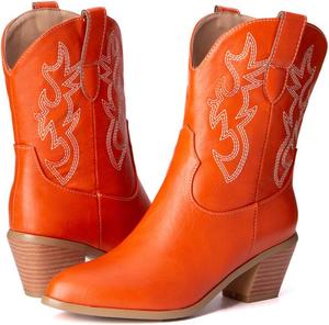 Женские ковбойские сапоги Alyaafifa Mid Claf Western с вышивкой, массивным блочным каблуком, заостренным закрытым носком и удобным верхом для езды, Orange